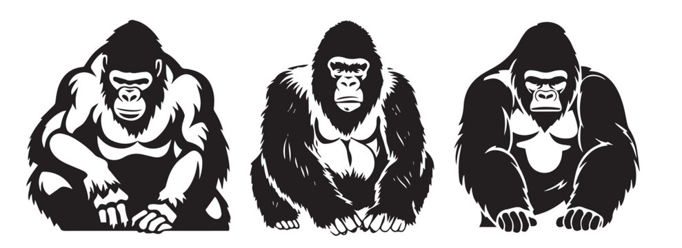 Set of angry gorilla and monkey, black and white illustrations