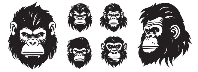 Set of angry gorilla and monkey heads, black and white illustrations - obrazy, fototapety, plakaty