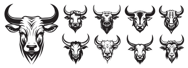 Set of horned cow heads, breeding cattle, black and white vector illustrated graphics