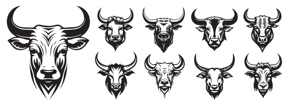 Set of horned cow heads, breeding cattle, black and white vector illustrated graphics