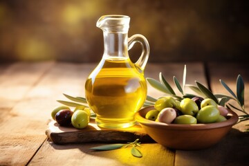 glass pitcher of extra virgin olive oil, golden light beside a bowl of fresh green and black olive