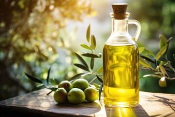 Obraz na płótnie Canvas bottle of olive oil with green olives , dappled light creates a warm, Mediterranean atmosphere