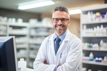 Naklejka na ściany i meble Confident male pharmacist smiling in pharmacy, trusted healthcare service and pharmacological.