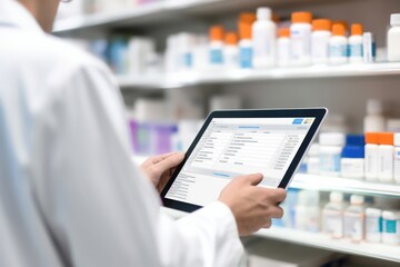 pharmacist using a tablet to manage inventory against the backdrop of stocked pharmacy shelves