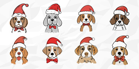 Lineart Vektorgrafik-Bundle von Hunde-Köpfen mit Weihnachtsmützen