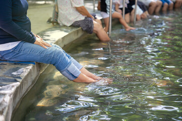 tourist join to foot spa relax in natural hot spring onsen that the popular activities to do at San...