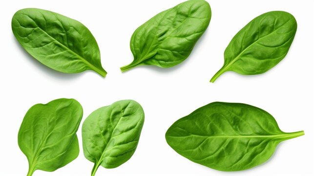 Spinach leaves isolated on white backdrop with clipping path, close-up, collection.