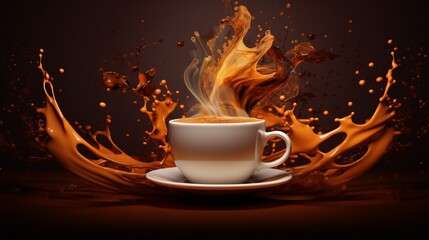 splash of hot coffee or chocolate on brown background.