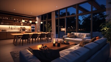 Luxury house interior with living room and the kitchen with tables, chairs, sofas with the flashing...