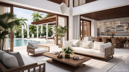 Fototapeta na wymiar Luxury interior design in living room of pool villas. Airy and bright space with high raised ceiling, sofa, middle table, dining