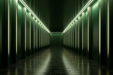 Sci-Fi Green Glowing Neon Lights Hexagon Tunnel Futuristic Corridor 3D Rendering - Abstract Background Texture