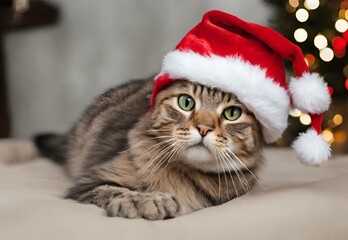 Feline Festivities: Cat in Christmas Cap