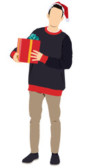 Vector illustration of a man wearing winter outfit with giant gift box on isolated white background. New Year, x-mas background, Happy New Year, holiday, love of the season.