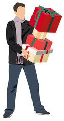 Vector art of a man holding stack of present, gift boxes. Vector illustration of man on isolated white background.