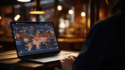 Man is working on a laptop and using a map to navigate his work
