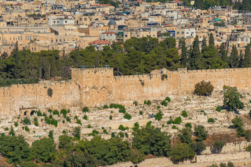 View of the Golden Gate, a historical landmark, on the East side of the walls of the Temple Mount, Old City of Jerusalem
