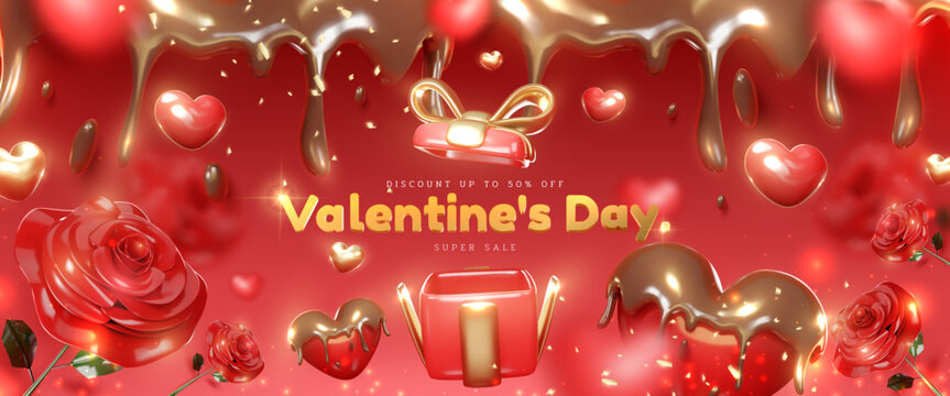 Valentine's day sale banner template poster with chocolate elements and heart cute, rose flower, gift box and elegant golden ribbon with glitter light effects and bokeh. Luxury red background.