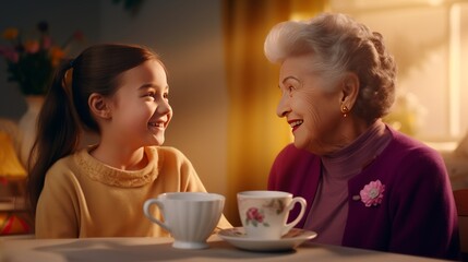 grandmother and granddaughter drink tea and talk