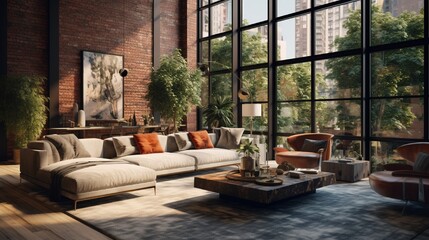 Luxury loft, detail of living room. Big windows and bright furniture