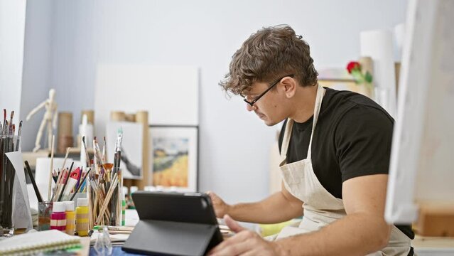 Attractive young hispanic man, a committed art student, fervently engrossed in drawing on his touchpad and notebook at his studio