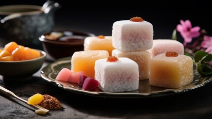 food photography, yummy Mochi cake - like treats, 16:9