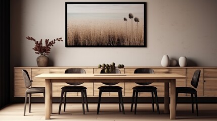 Minimalist composition of dining room interior with wooden table, design chairs, dried flowers in a vase, black pendant lamp, art paintings on the wall and elegant personal accessories