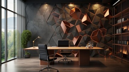 A modern office space adorned with lustrous copper-toned hexagonal wallpaper, providing an exquisite visual appeal through lifelike 3D 
