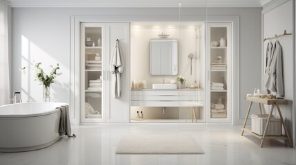 Fototapeta na wymiar Minimalist white scandinavian bathroom with walk-in closet, classic scandinavian interior design