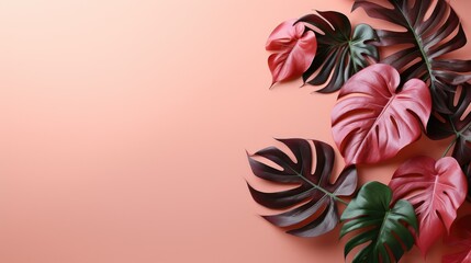 Live Monstera leaves are located on the left on a pink background top view banner place for text peach hues - obrazy, fototapety, plakaty
