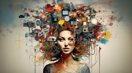 a vibrant modern art poster collage of a woman with technology items and elements on her head. A...