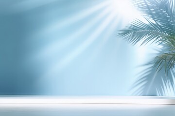 Fototapeta na wymiar Light blue studio background with shadow from palm leaves on the wall. Rays of the sun on the blue wall. Minimal studio background for product presentations. Spring and summer