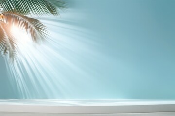 Light blue studio background with shadow from palm leaves on the wall. Rays of the sun on the blue wall. Minimal studio background for product presentations. Spring and summer - obrazy, fototapety, plakaty