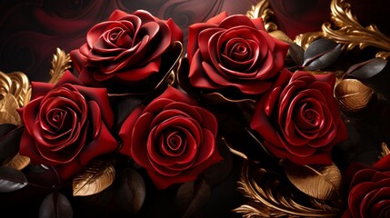 Deep Burgundy Roses flourishing on a Stylish Onyx and Gold Background, leaving ample room for personalized messages
