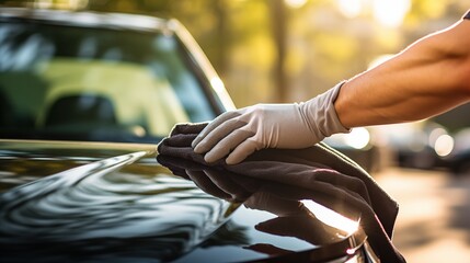 Close up photo of man's hands carefully polishing his car with a little black cloth on sunny spring day outdoors for professional car waxing and restorative grooming and detailing renewal