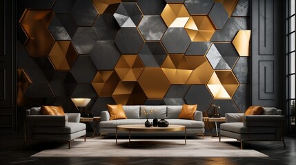 Imagine a mesmerizing blend of silver and gold hexagonal wallpaper, elevating the ambiance of a contemporary lounge with impeccable 3D rendering precision. - obrazy, fototapety, plakaty