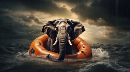 Surviving adversity and managing risk for big business challenges and uncertainty with a large elephant floating on a life preserver in a storm ocean back overcoming fear of loss for goal success.