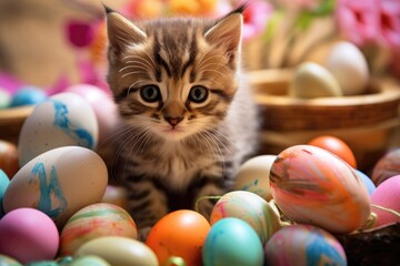 Fototapeta na wymiar Cute Easter Kitten Playfully Poses with Vibrant Colorful Eggs - Ideal for Text and Festive Greetings