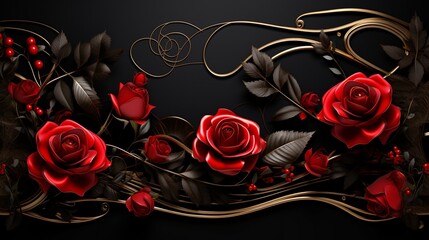 Intense Ruby Red Roses on a Sleek Ebony Canvas enhanced with Ornate Gold Elements, providing a chic platform for your text