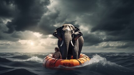 Surviving adversity and managing risk for big business challenges and uncertainty with a large elephant floating on a life preserver in a storm ocean back overcoming fear of loss for goal success. - obrazy, fototapety, plakaty