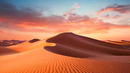Sand dunes in the desert at sunset. 3d render illustration. 
Sahara desert at sunset. 