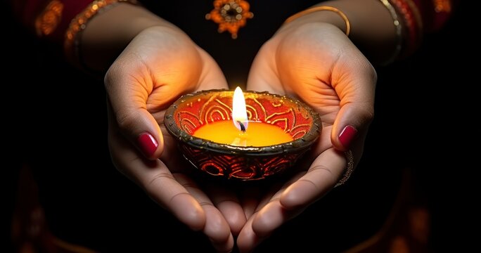 The Delicate Beauty of Henna-Decorated Hands Cradling a Candle's Flame, Set Against a Dark Backdrop