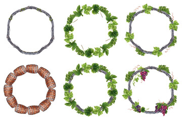 Collection of wreaths with green grape leaves and tendrils on grape vine branch. Watercolor illustration isolated on transparent background. Hand drawn natural design element. Round card frames