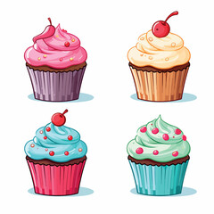 birthday cupcake set of 4 flat vector illustration. birthday cupcake set of 4 hand drawing isolated vector illustration