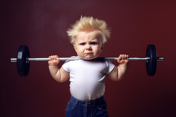 Obraz premium Strong baby boy lifting a heavy barbell.