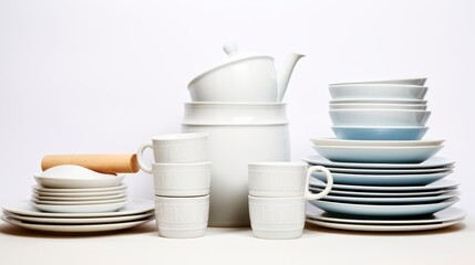 Porcelain Elegance - Many ceramic plates, kettle and cups on white background.