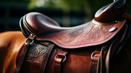The Classic Image of a Saddle Secured on a Brown Horse's Back - obrazy, fototapety, plakaty