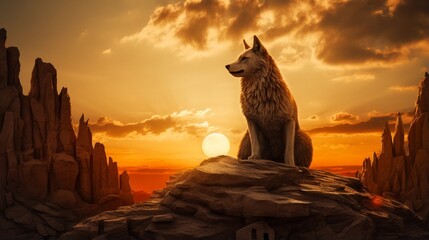 The fox limestone formation faces the sun with the intercession tear formation The fox statue, truly evil wolf sunset towards the sun to make more interesting sunsets while watching. - obrazy, fototapety, plakaty