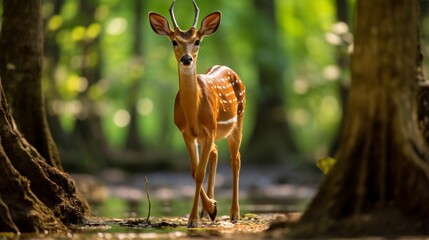 The image of a male barking deer walking for food in  national park reflects  of the lush World Heritage forest, raising awareness of conservation of wildlife and natural resource. - obrazy, fototapety, plakaty
