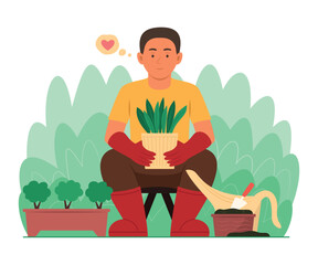 Gardener Man Planting a Sapling of Tree with Pot in Garden