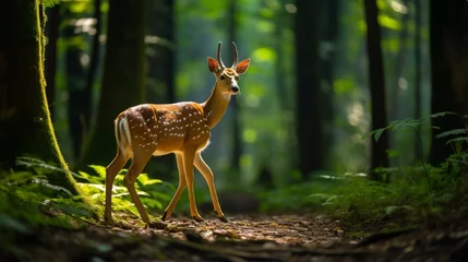 Deurstickers The image of a male barking deer walking for food in  national park reflects  of the lush World Heritage forest, raising awareness of conservation of wildlife and natural resource. © Nazia